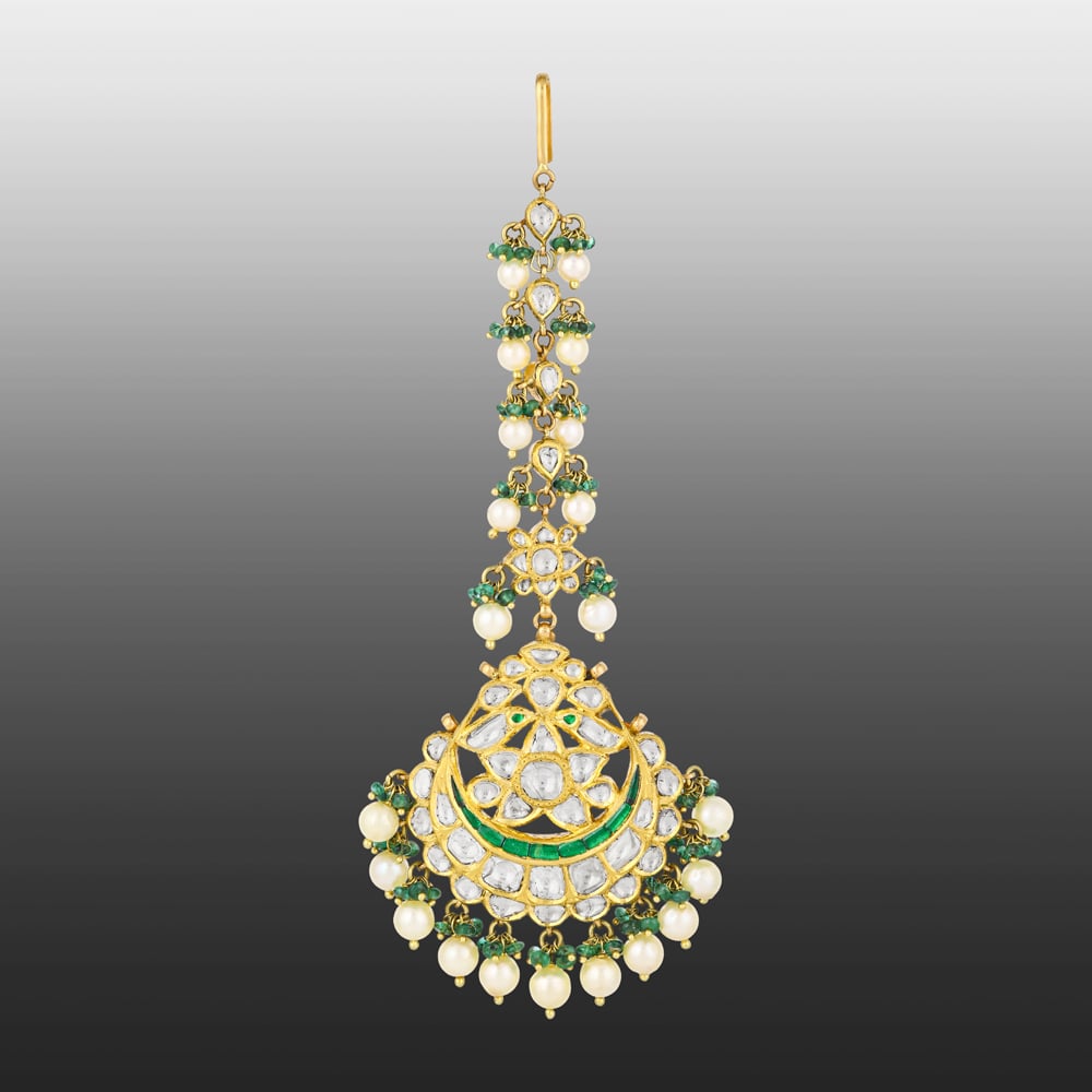 Polki Maangtikka with Green Enamel, Emeralds & Pearls